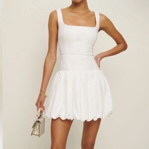 Reformation Delia Linen Dress White Bubble Skirt Square Neck Drop Waist Size 10